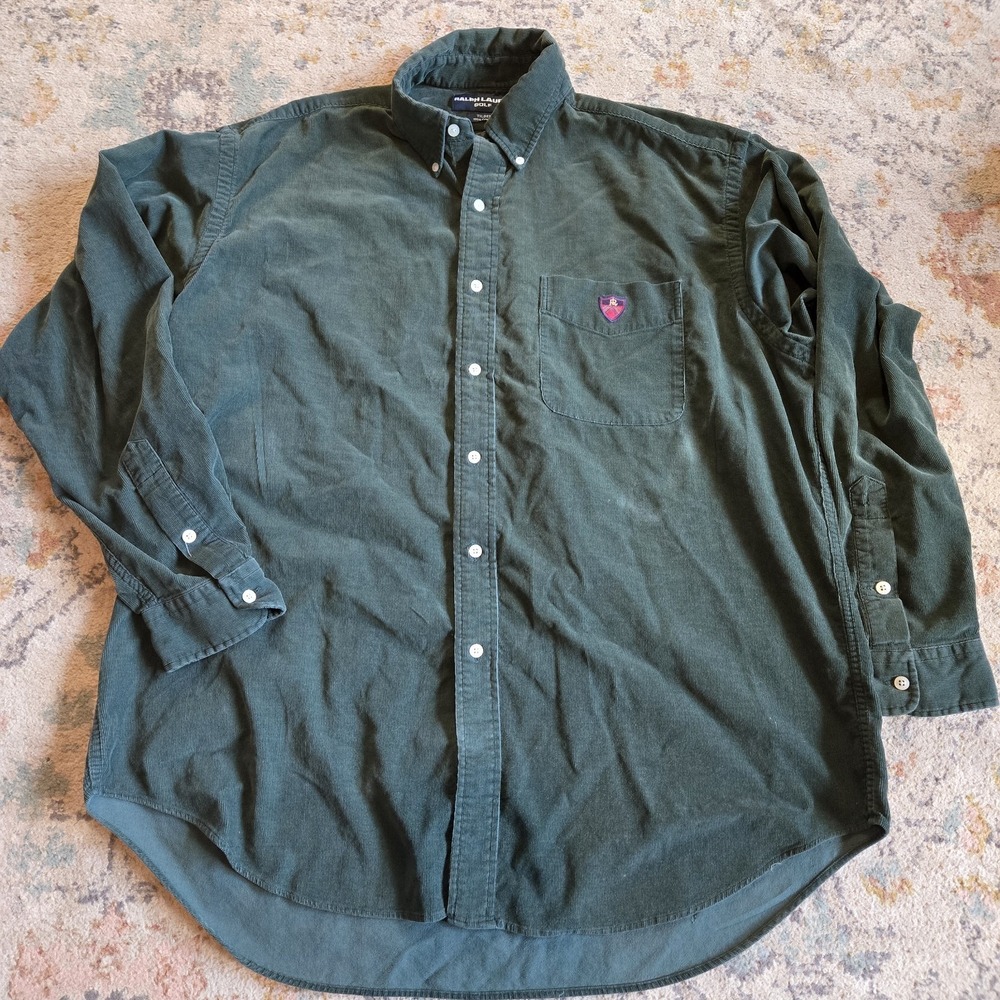 VTG Ralph Lauren Golf Corduroy Shirt Mens L Forest Green Tilden Cotton Button Up